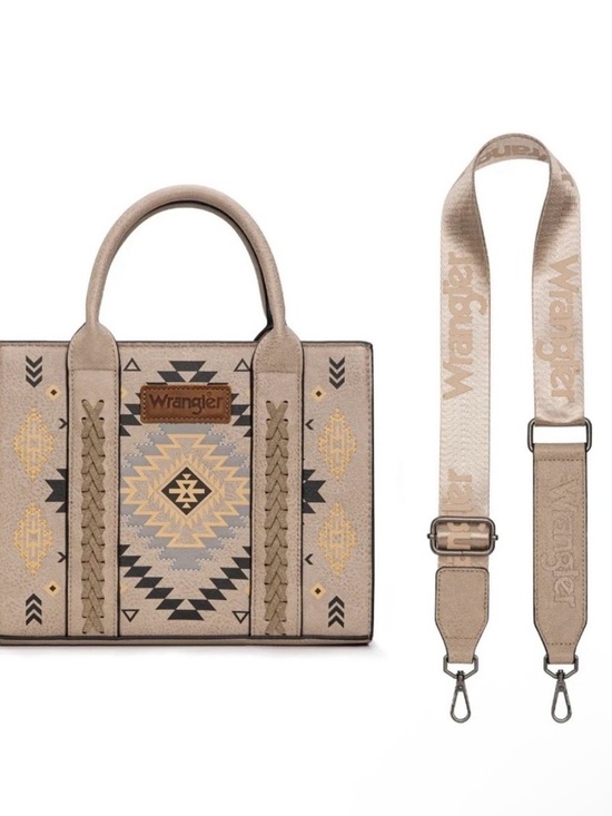 Wrangler Handbags - Wrangler Taupe Beige Aztec Embroidered Tote with Detachable Strap